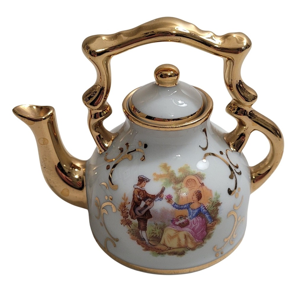Limoges France Miniature Teapot Fragonard Courting Couple Gold Gilded Porcelain